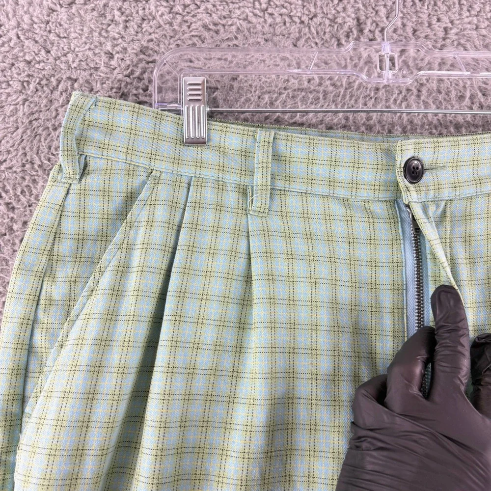 Obey Plaid Pleated Pants Mens 36 Green Blue Skate Streetwear Wide Leg Trousers
